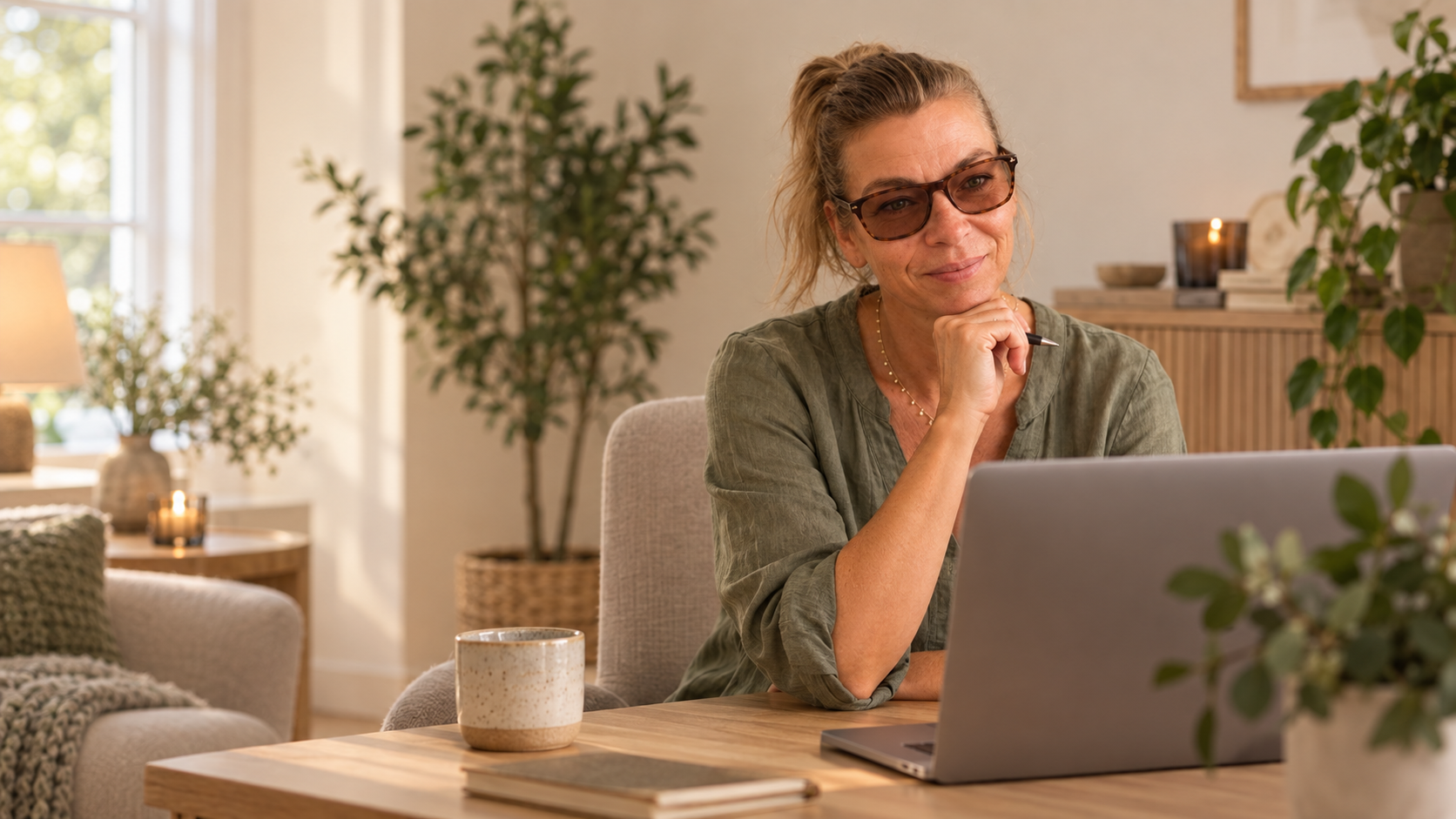 Tina i rolige omgivelser klar til en online samtale