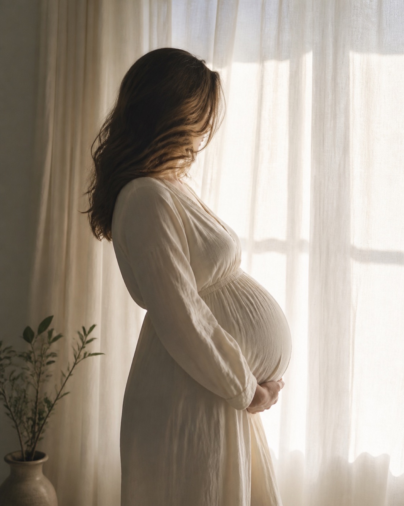 En gravid person ved et vindue