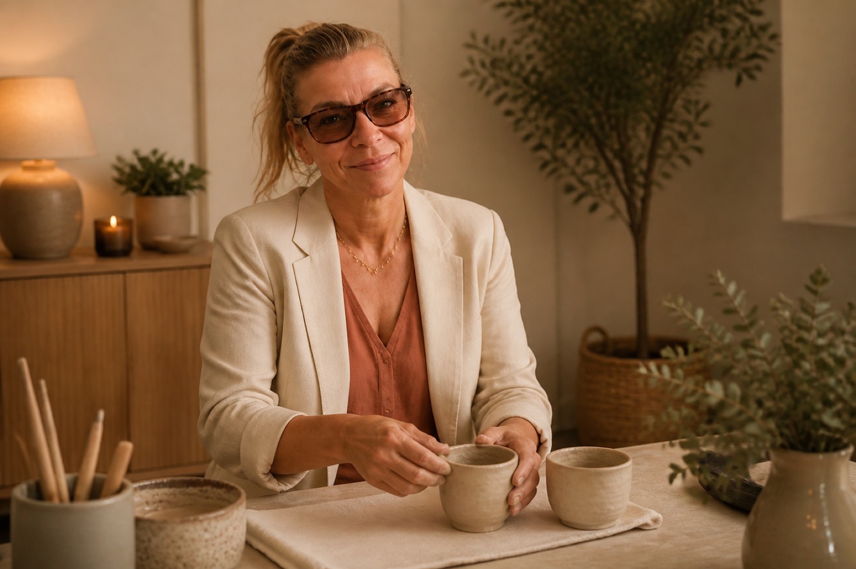 Tina med en kop te i rolige omgivelser