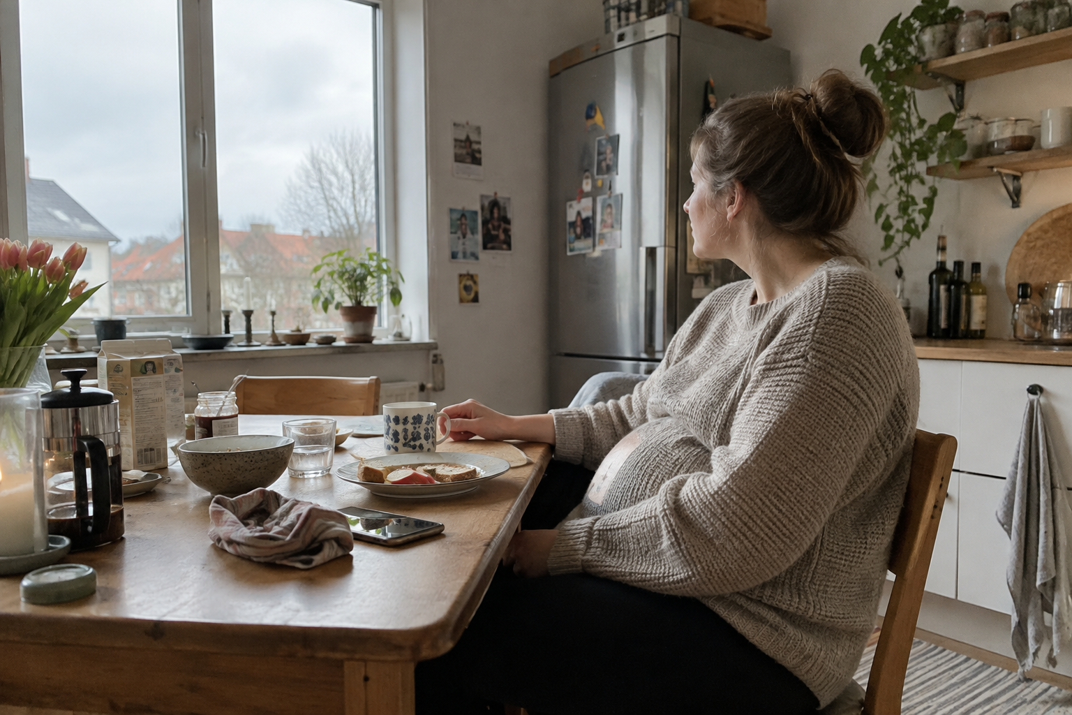 En gravid kvinde sidder ved morgenbordet i et almindeligt køkken
