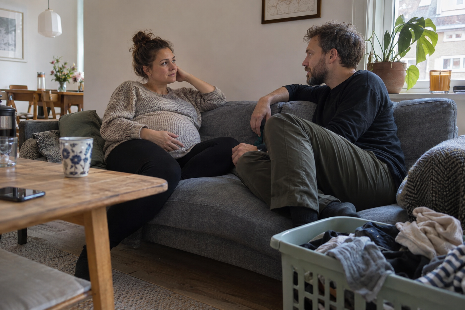 En gravid kvinde og hendes partner taler sammen i en sofa